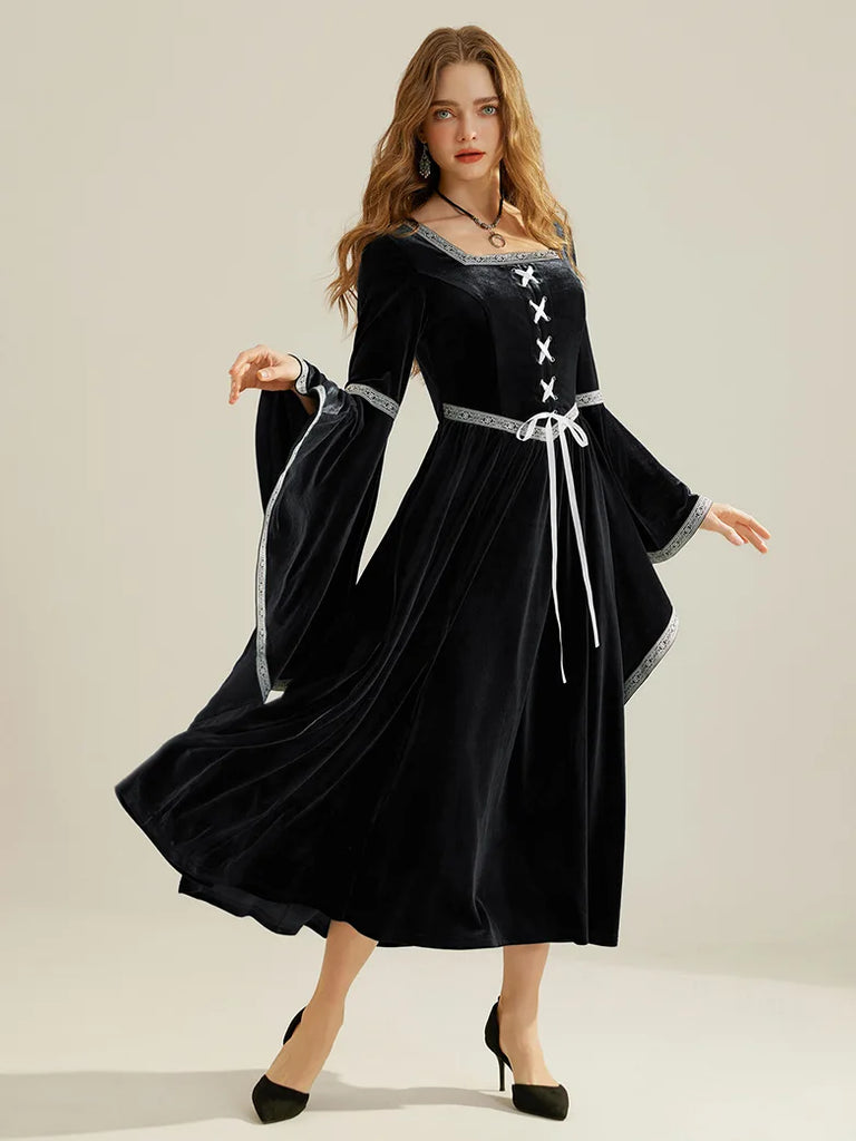 Women Royal Velvet Long Sleeve Square Neck Maxi Dress SCARLET DARKNESS