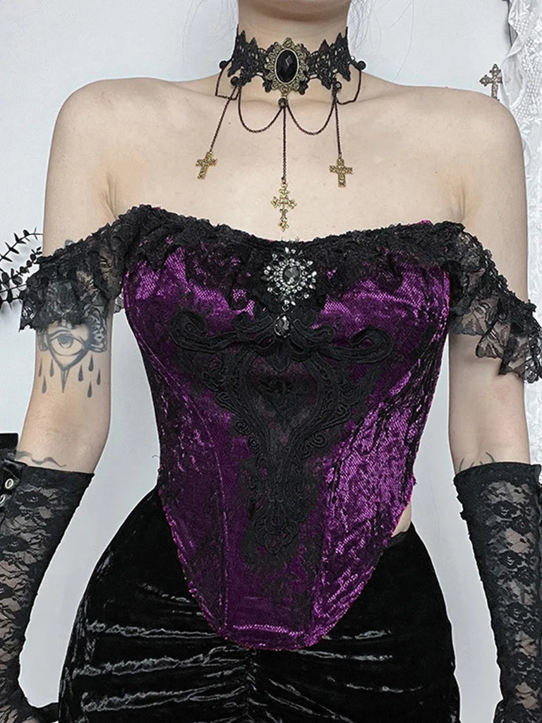 Women Masquerade Gothic Lace Floral Patch Bustier Tops SCARLET DARKNESS