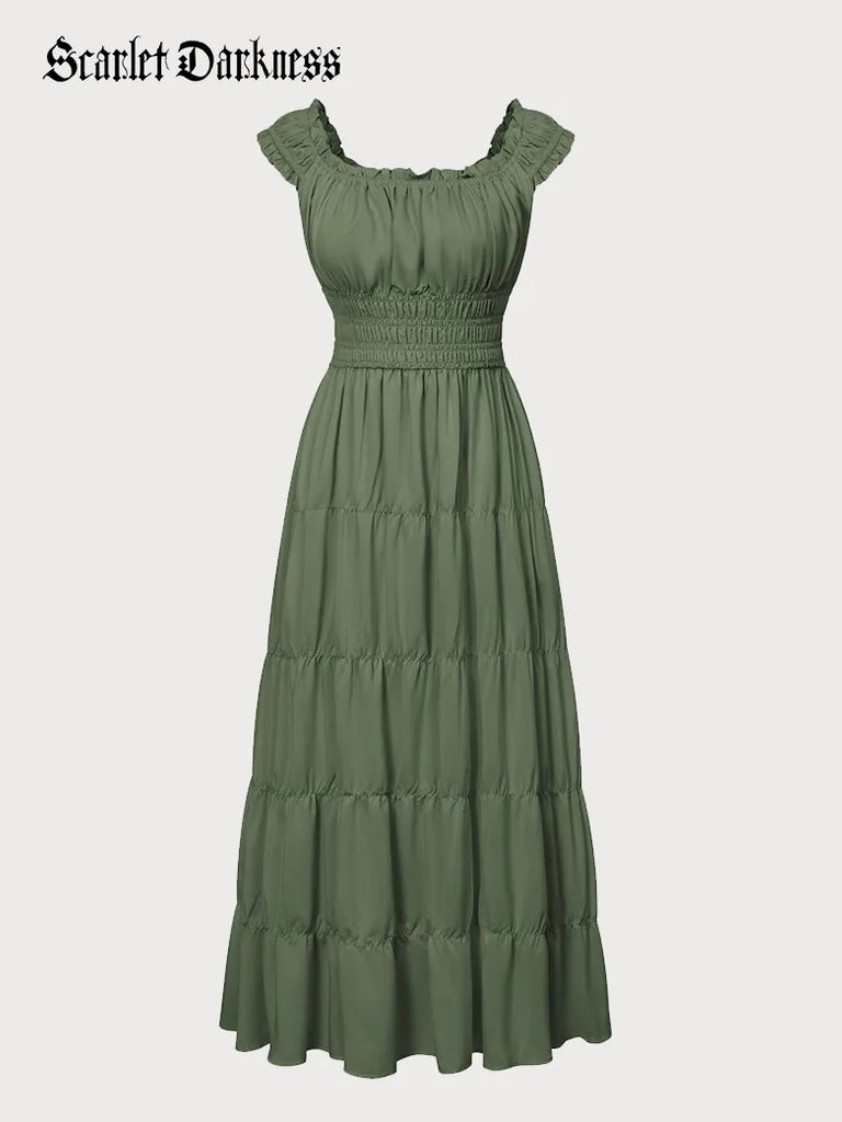 Renaissance Dress Elastic Shoulder Tiered Pocket Dress SCARLET DARKNESS