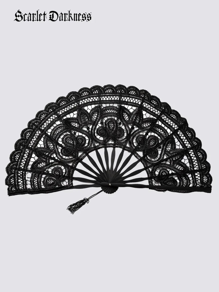 Victorian Gothic Retro Lace Embroidered Hollow Folding Fan SCARLET DARKNESS