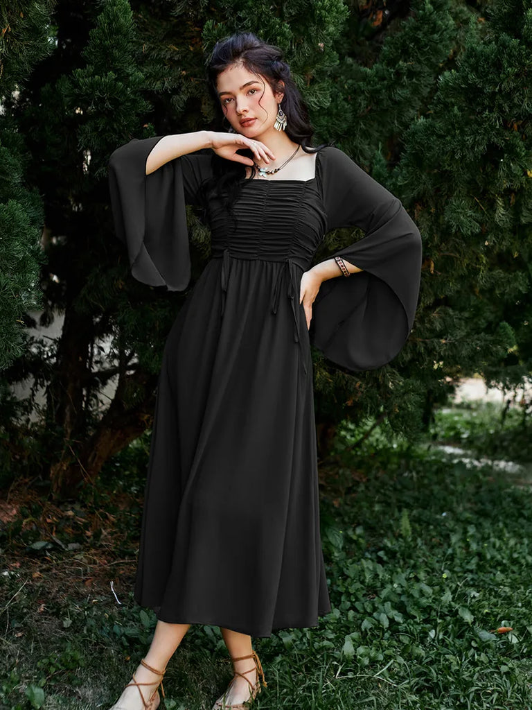 Women Chiffon Dress Off Shouder Ruched Dress with Pocket SCARLET DARKNESS