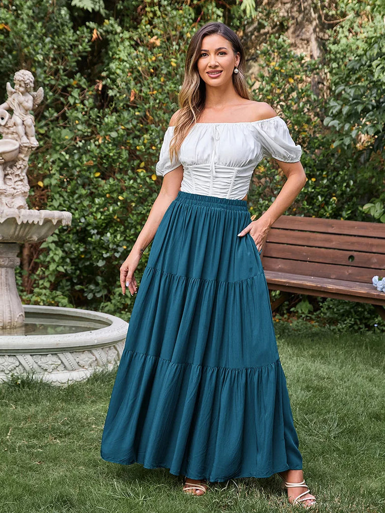 Tiered Elastic High Waist Swing Skirt with Pocket SCARLET DARKNESS