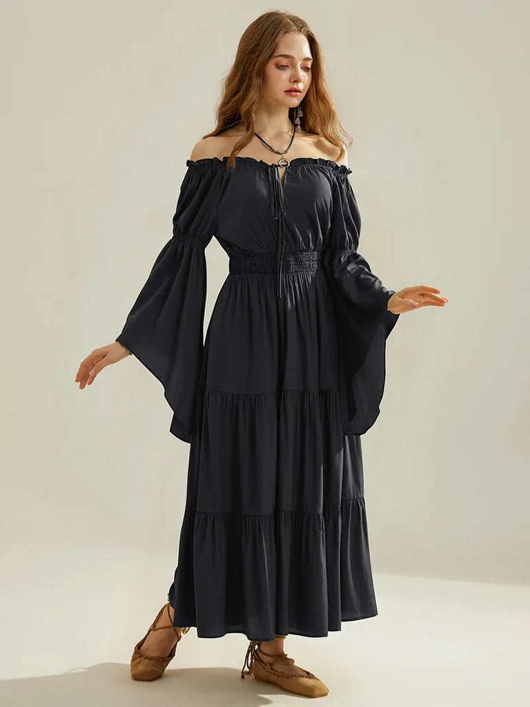 Women Tiered Maxi Dress Off-Shoulder Pocket Dress SCARLET DARKNESS