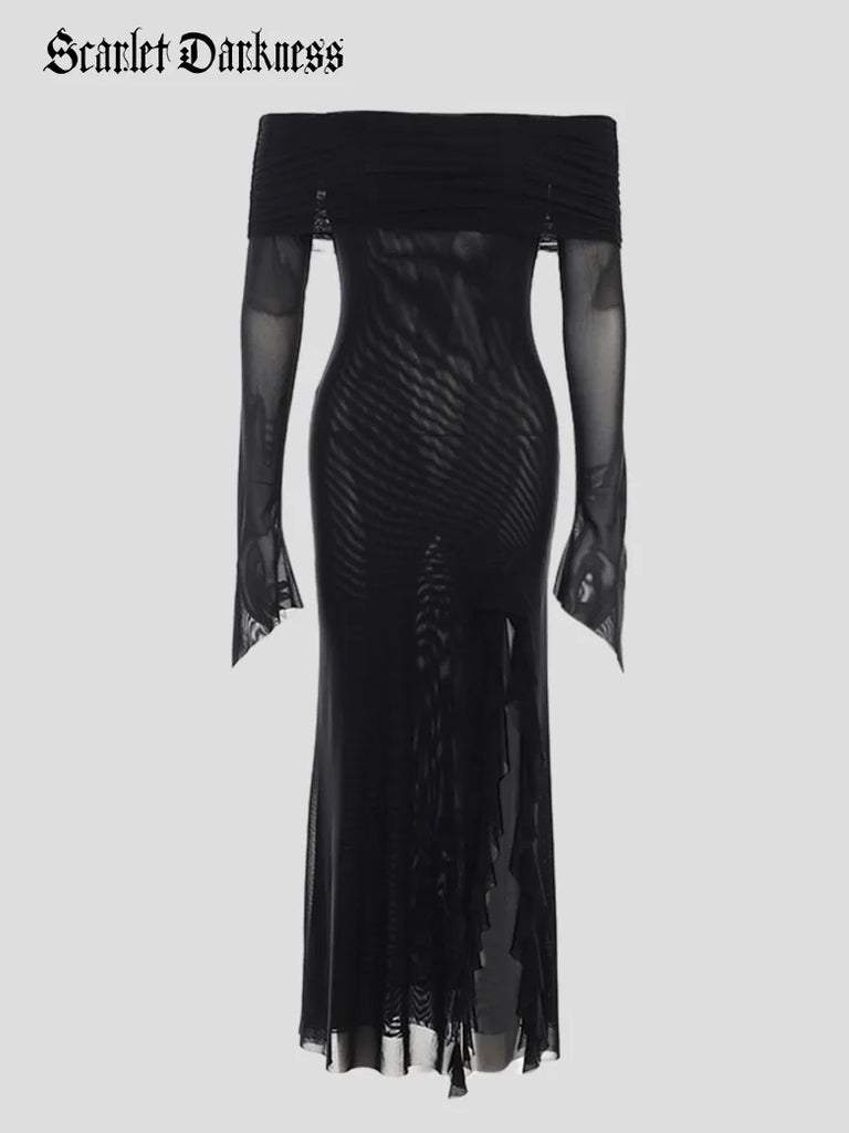 Gothic Black Mesh Sexy One Shoulder Slit Bodycon Dress SCARLET DARKNESS