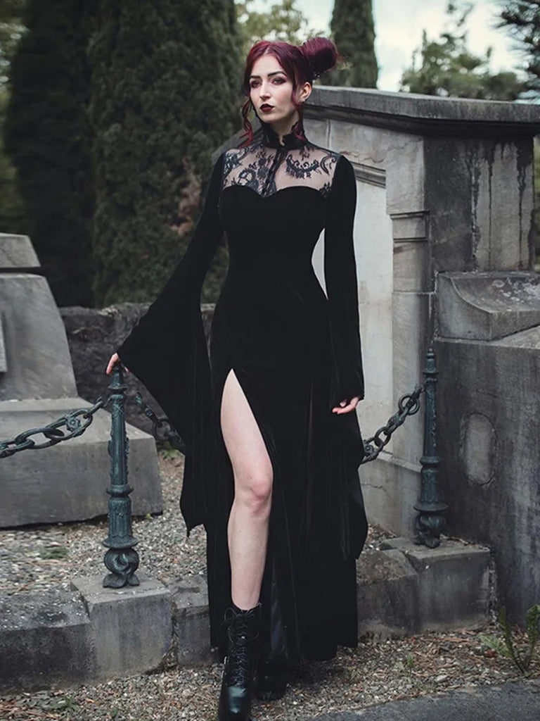 Victorian Gothic Buttons Black Stand Collar Lace Velvet Slit Dress SCARLET DARKNESS
