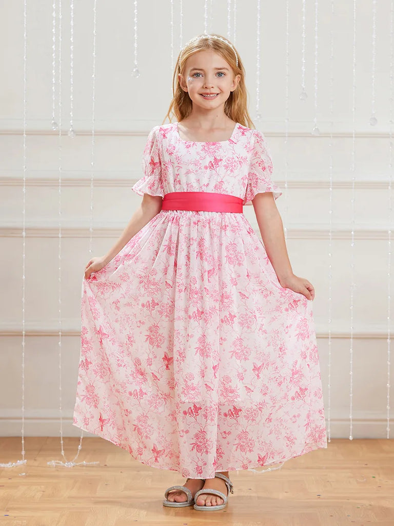 Kids Floral Chiffon Maxi Dress Crew Neck A-Line Dress SCARLET DARKNESS