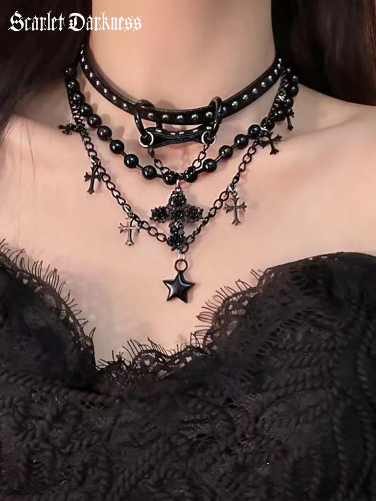 Miss Danger's Thorn Layered Leather Choker SCARLET DARKNESS