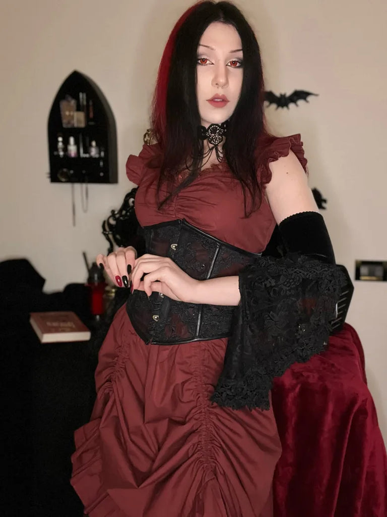 Steampunk Ruffled Hem Flutter Sleeve Drawstring Dress Scarlet Darkness