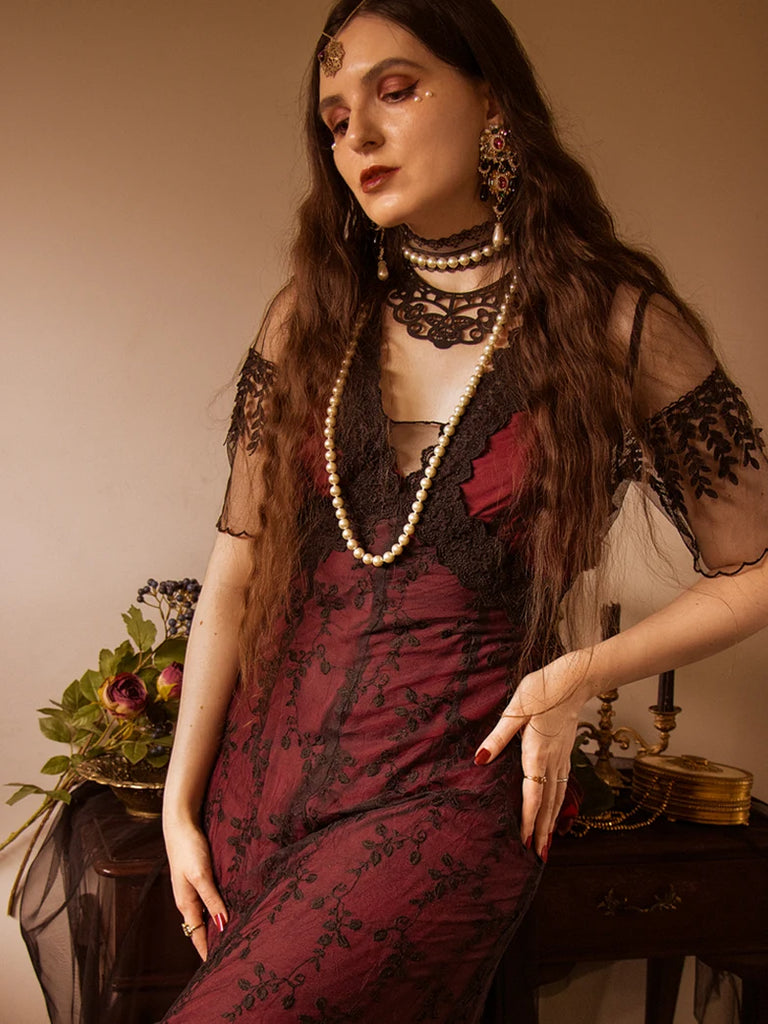 Victorian Gothic Titanic Tea Party Gown Antique Maxi Dress SCARLET DARKNESS