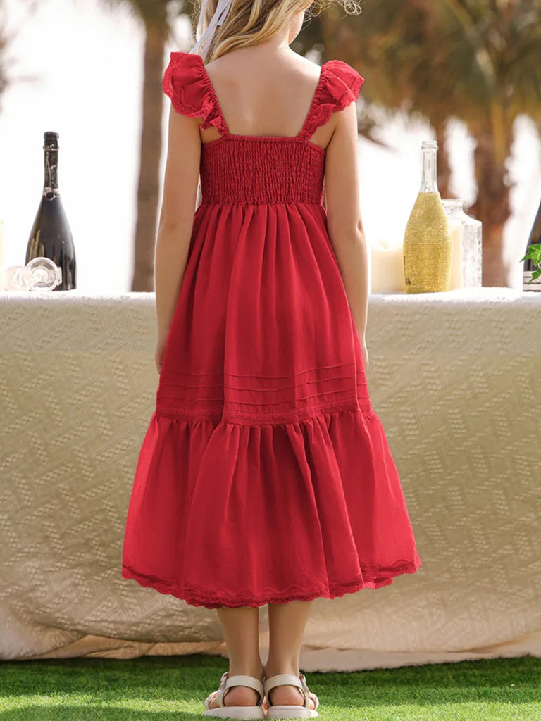 Kids Flying Sleeves Lace Hem Tiered  Maxi Dress SCARLET DARKNESS