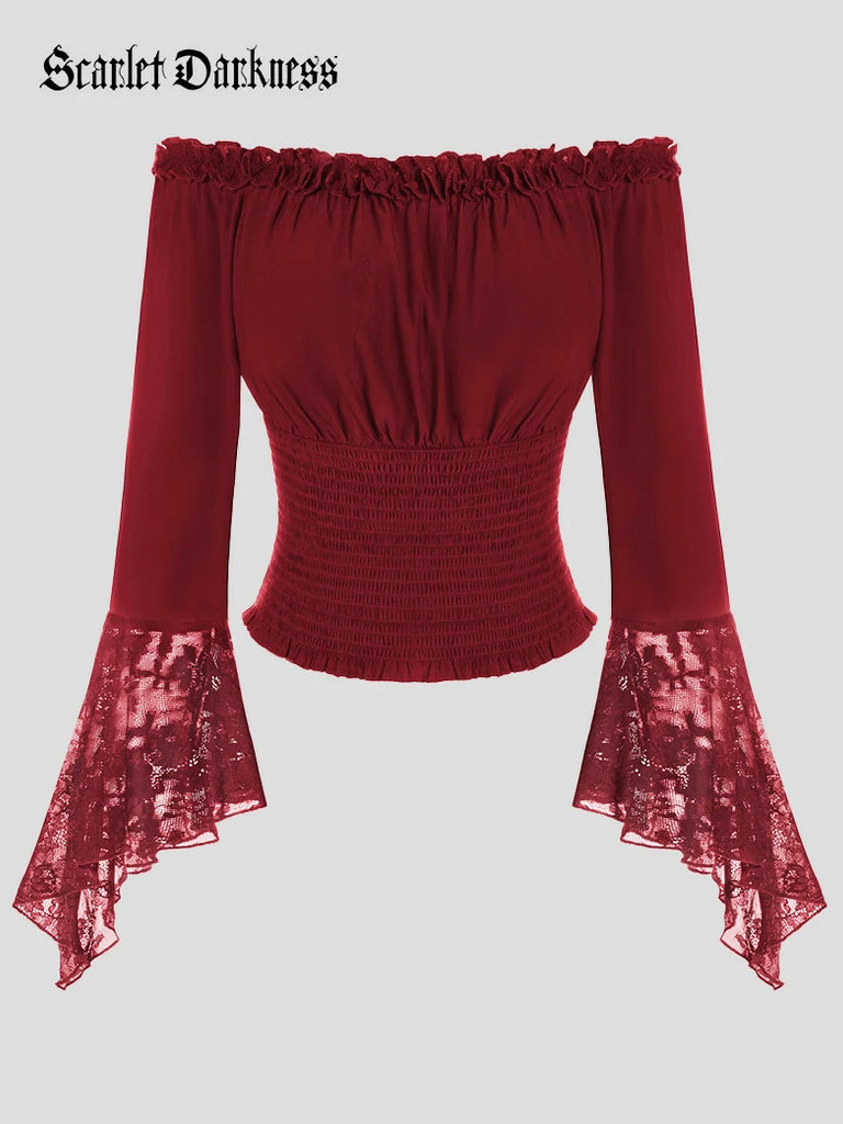 Scarlet Darkness Women Off Shoulder Wide Lace Sleeves Pullover Tops Red