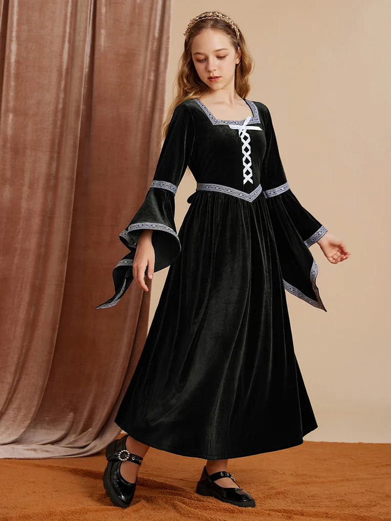 Kids Renaissance Velvet Dress Long Sleeve Elastic Waist Dress SCARLET DARKNESS