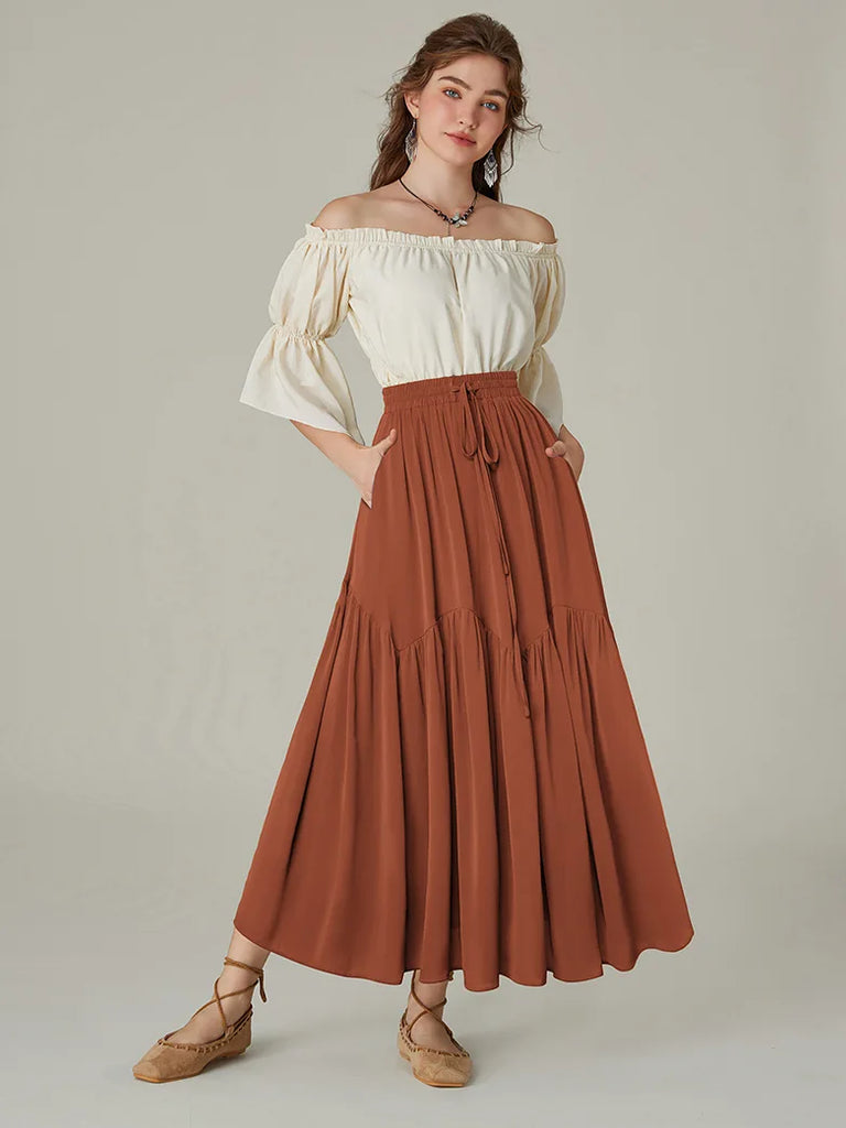 Women Renaissance Pocket Skirts Tiered Swing Skirt SCARLET DARKNESS