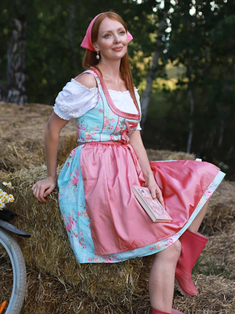 German Bavarian Oktoberfest Costumes Tops+Cotton Dress+Apron Scarlet Darkness