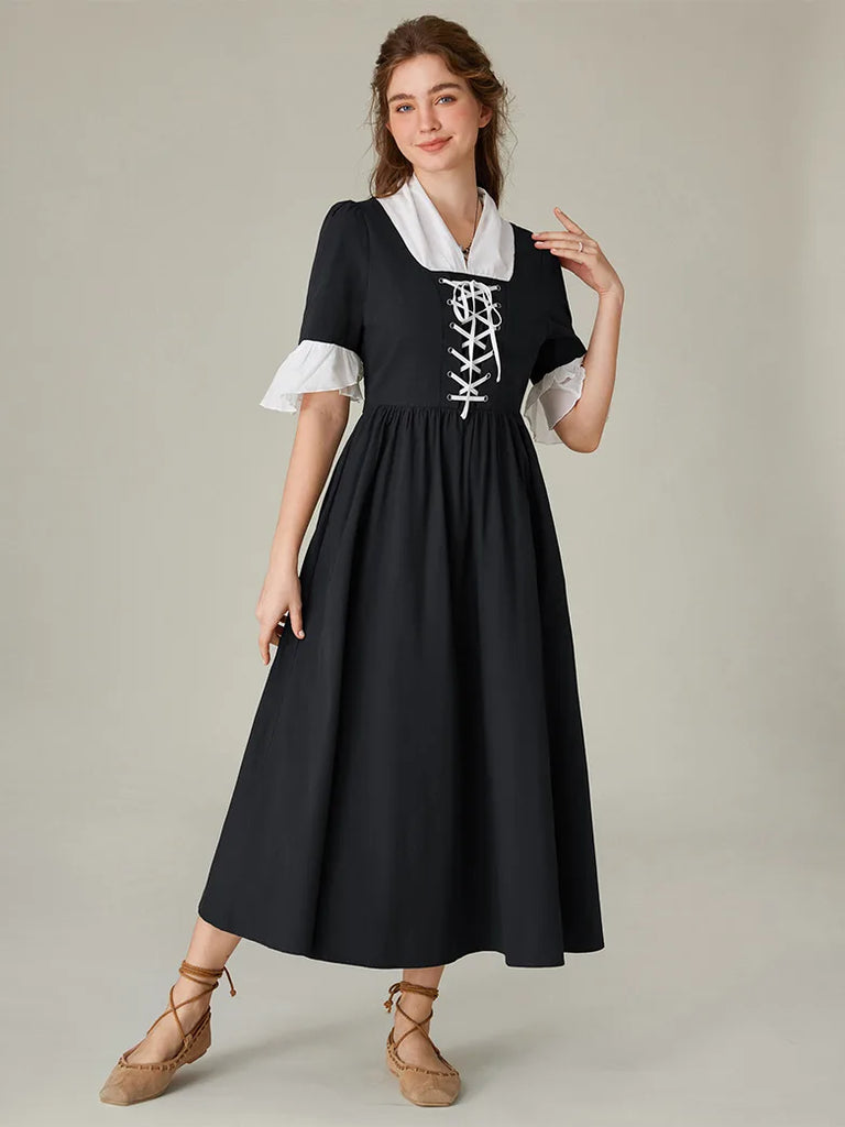 Women Colonial and Pioneer Lace up Maxi Dress with Pocket SCARLET DARKNESS