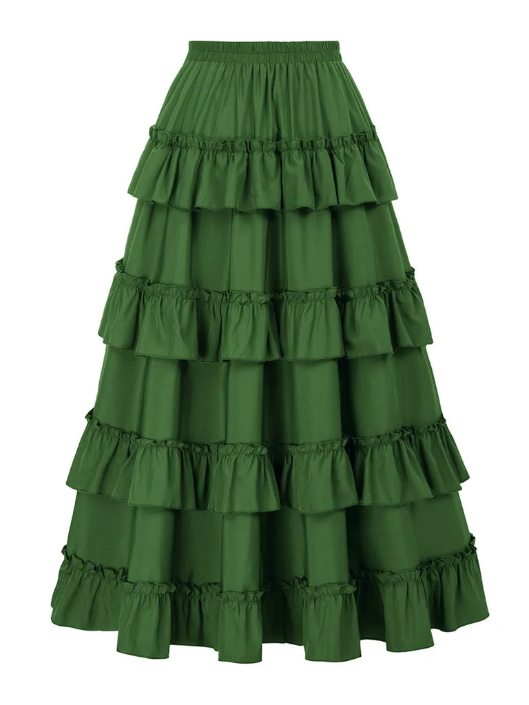 Women Length Adjustable Elastic Waist Ruffle Cake Maxi Skirt SCARLET DARKNESS