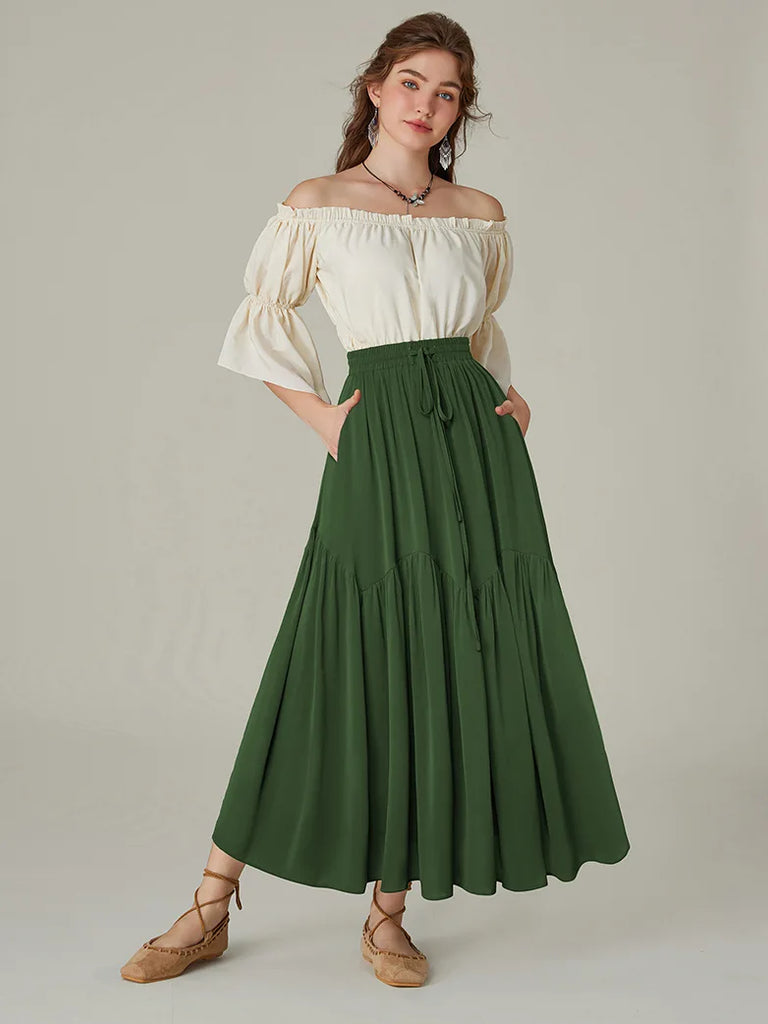 Women Renaissance Pocket Skirts Tiered Swing Skirt SCARLET DARKNESS