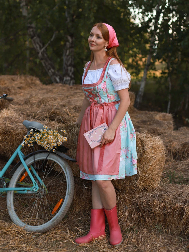 German Bavarian Oktoberfest Costumes Tops+Cotton Dress+Apron Scarlet Darkness