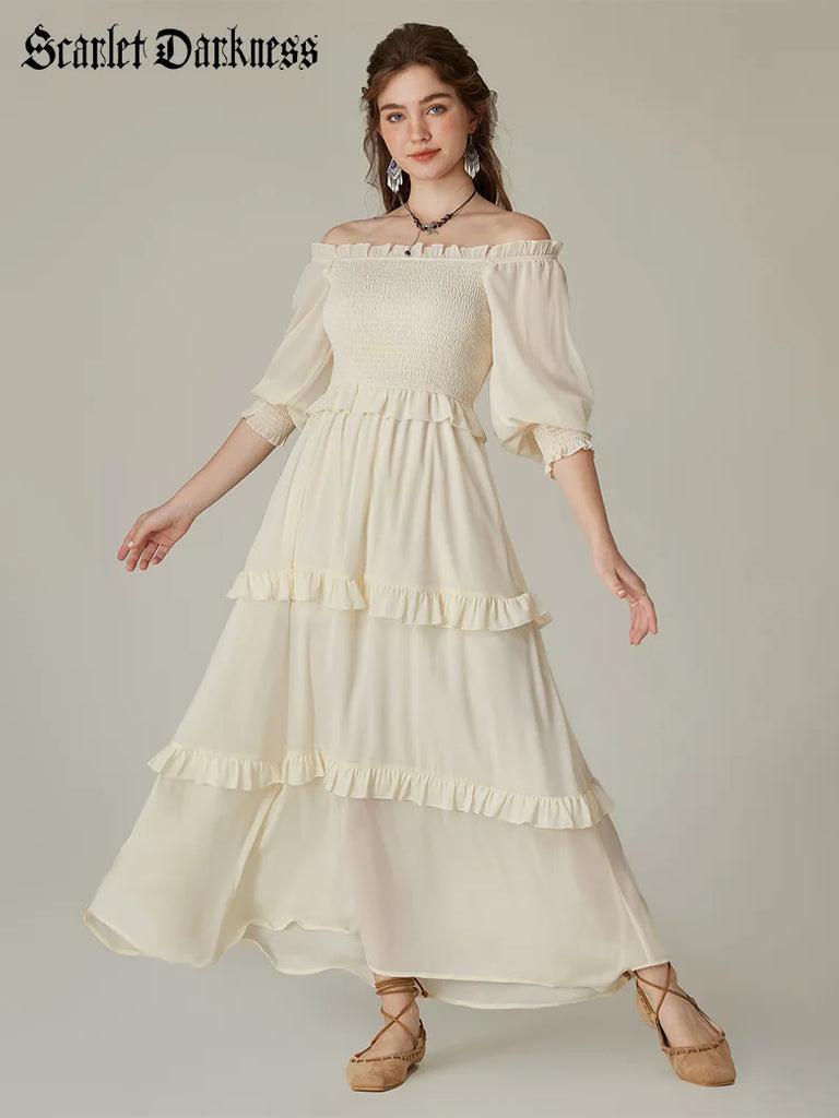 Women Renaissance Tiered 3/4 Sleeve Off Shoulder A-Line Dress SCARLET DARKNESS