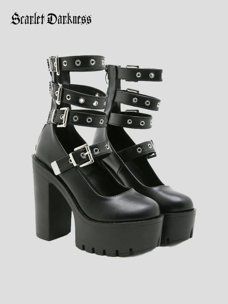 Scarlet Darkness Scarlet Darkness Women Punk Strap Rivet High Heels Black