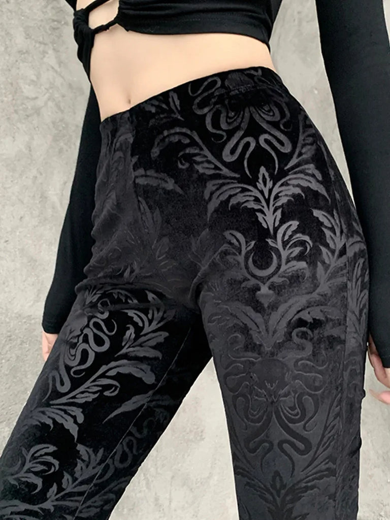 Women Victorian Goth Suede Embossed Flared Pants SCARLET DARKNESS