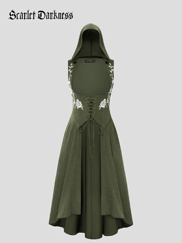 Scarlet Darkness Renaissance Warrior Rose-embroidered Hooded Vest Dress Dark green