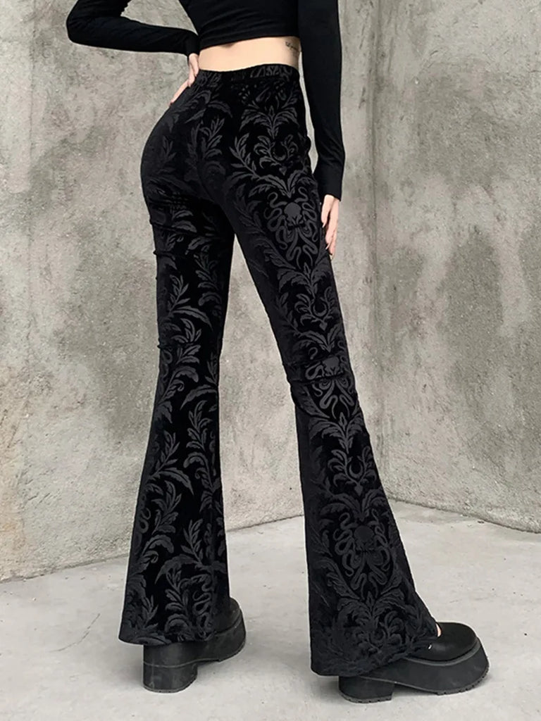Women Victorian Goth Suede Embossed Flared Pants SCARLET DARKNESS