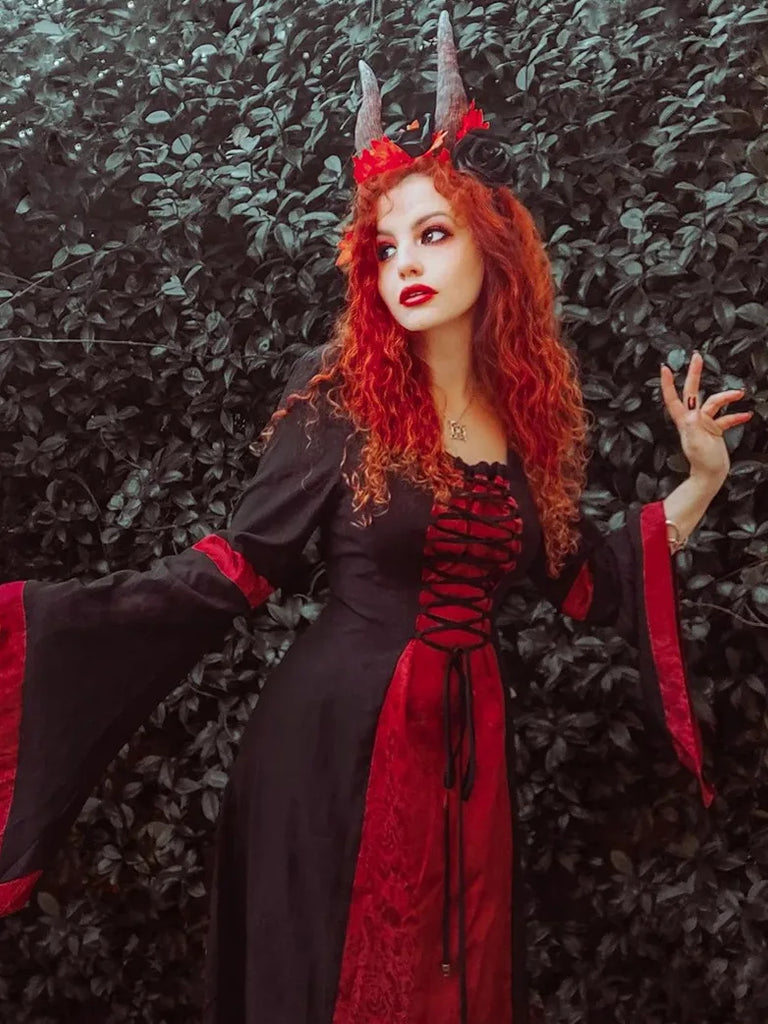 Ren Faire Lace-up Bell Sleeves Contrast Color A-Line Dress SCARLET DARKNESS