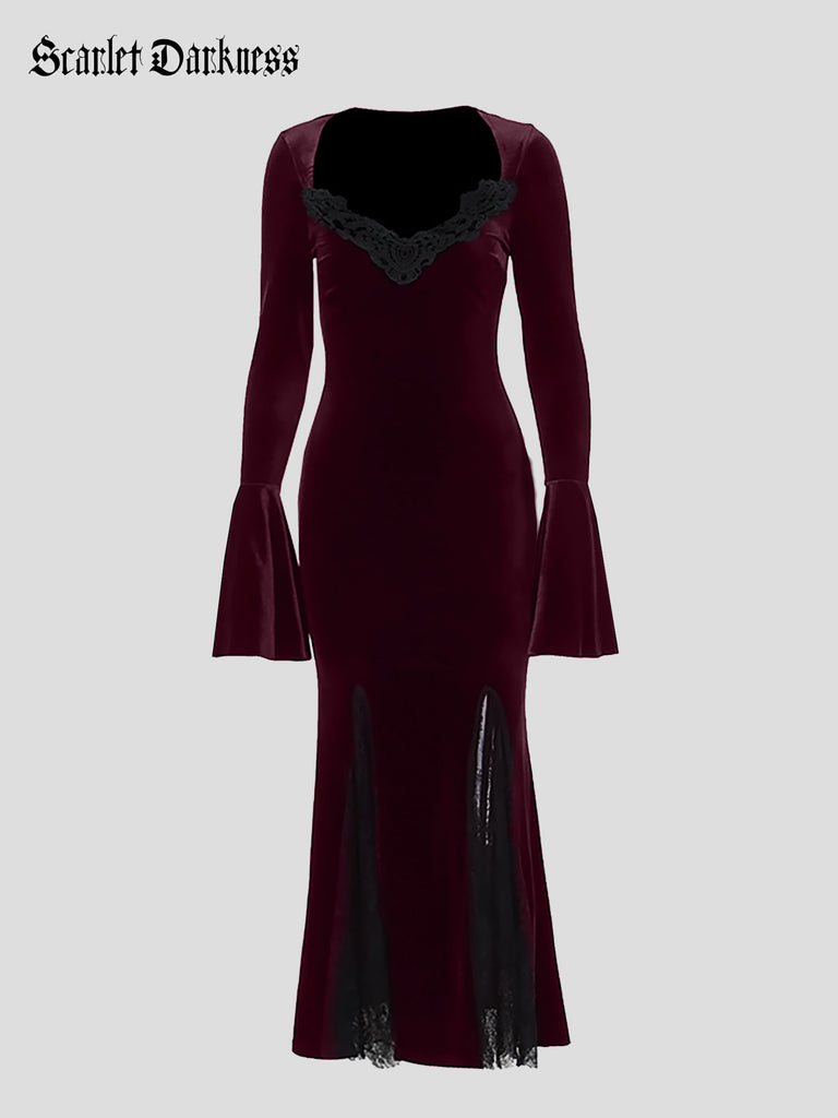 Gothic Wine Gown Velvet Bell-sleeved Lace Rose Patch Bodycon Dress SCARLET DARKNESS