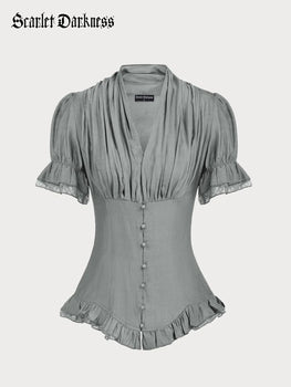 Women Victorian Pleated Shirt Lace Up Work Blouse