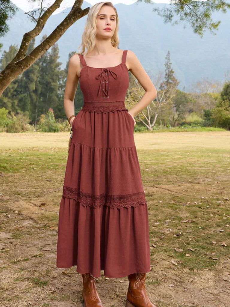 Hollowed-out Waist Tiered Elastic Back Maxi Dress Scarlet Darkness