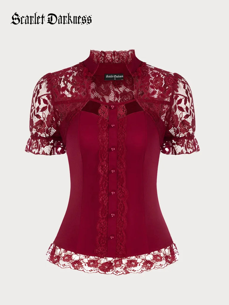 Lace Patchwork Button Decorated Stand Collar Tops SCARLET DARKNESS