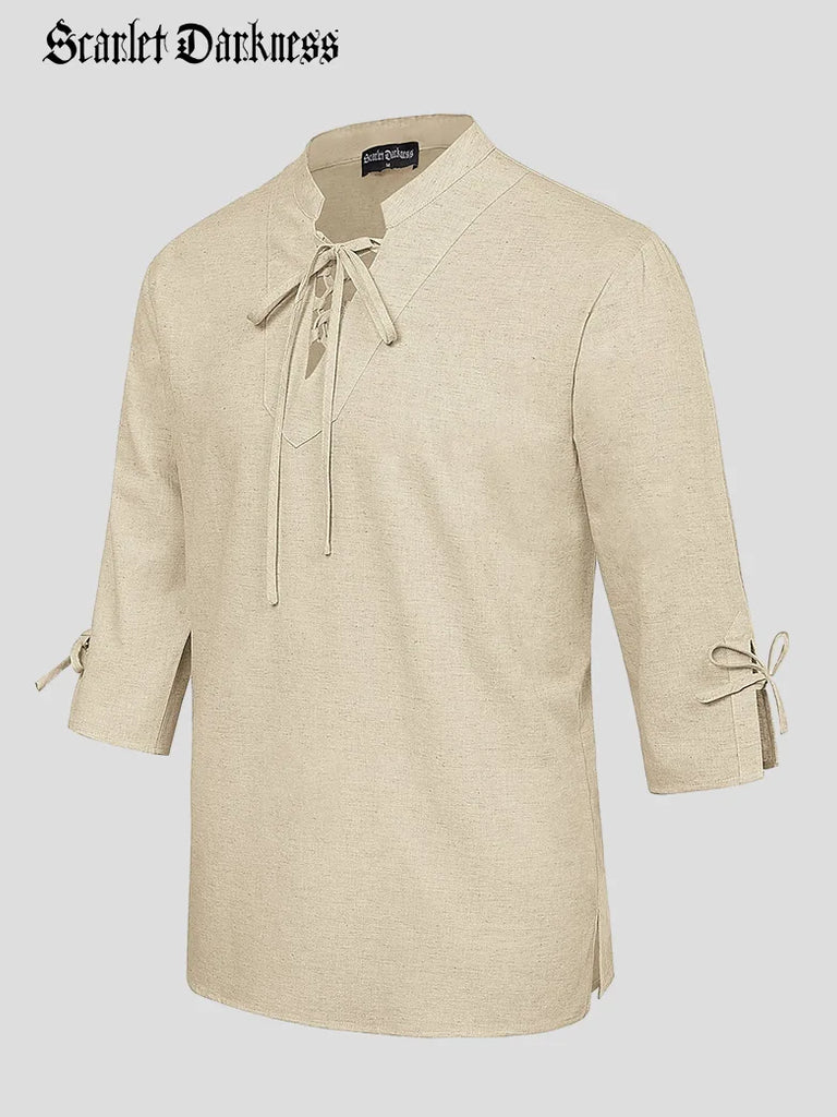Men Renaissance Stand Collar Tops 3/4 Sleeve Pullover Shirt SCARLET DARKNESS
