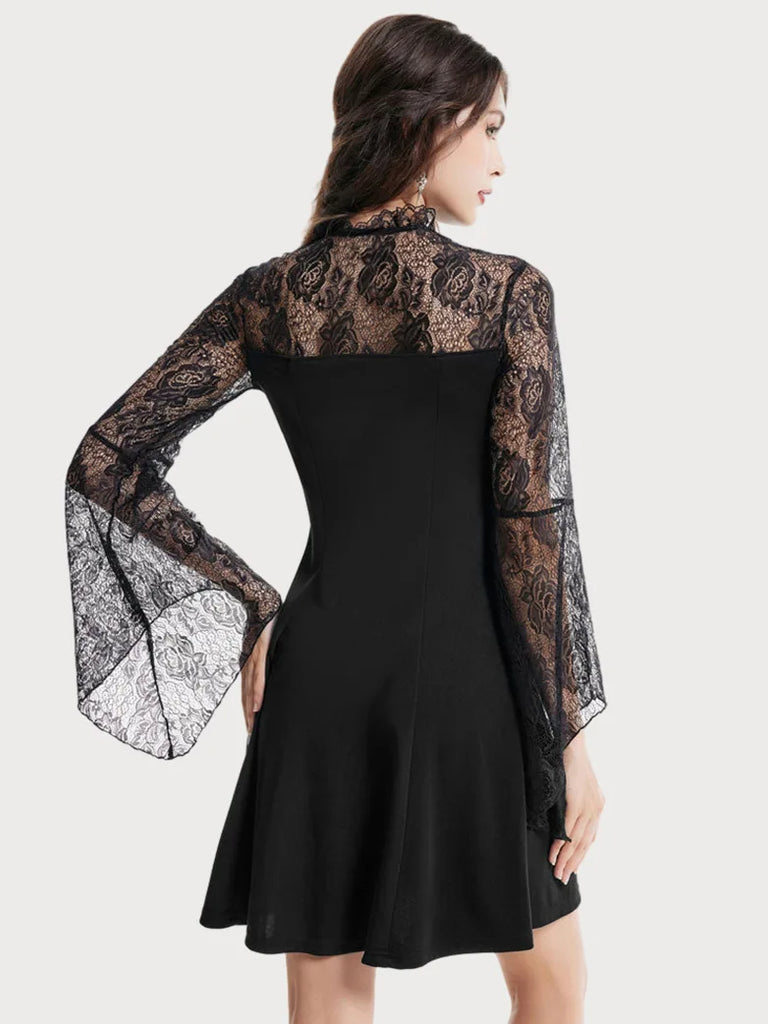 Gothic Lace Patch Stand Collar Knee Length Dress SCARLET DARKNESS