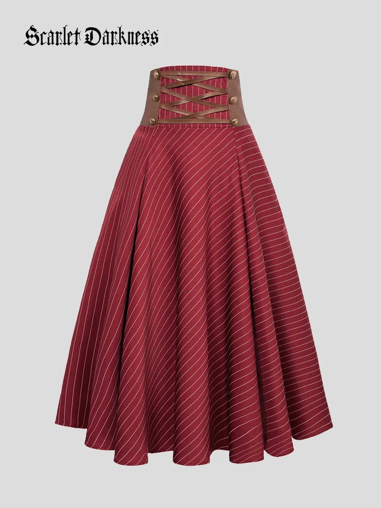Plaided High Waist Buttons Decorated A-Line Skirt Scarlet Darkness