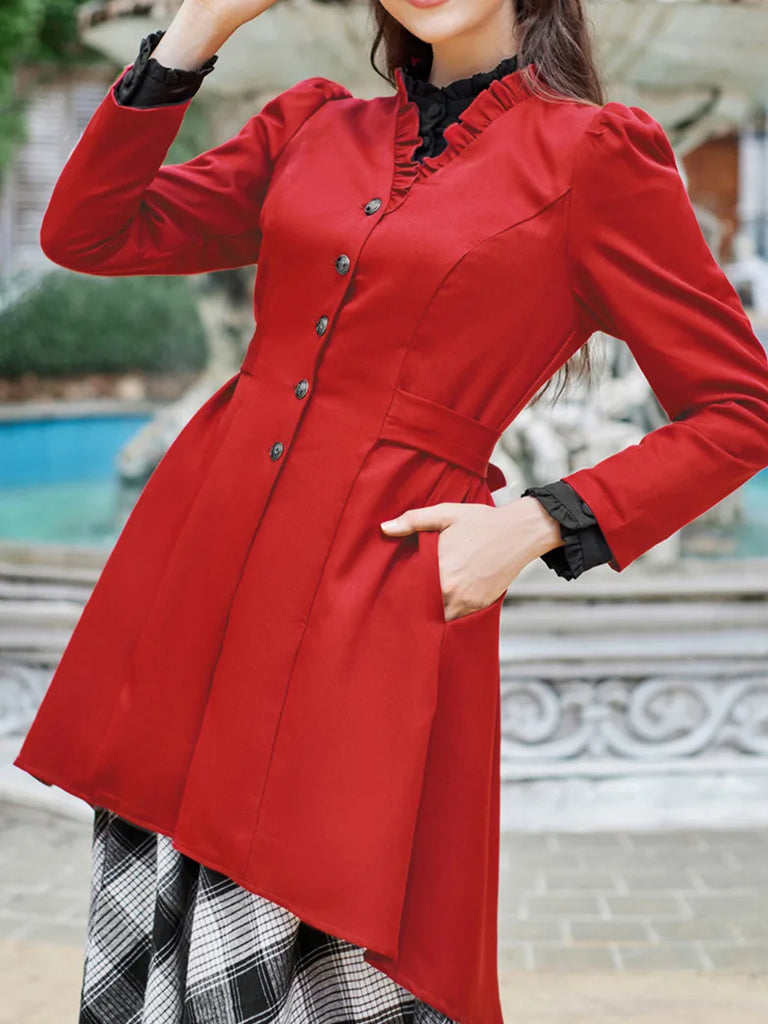 Women High-Lo Hem Coat Leg-of-mutton Sleeve Belted coat Scarlet Darkness