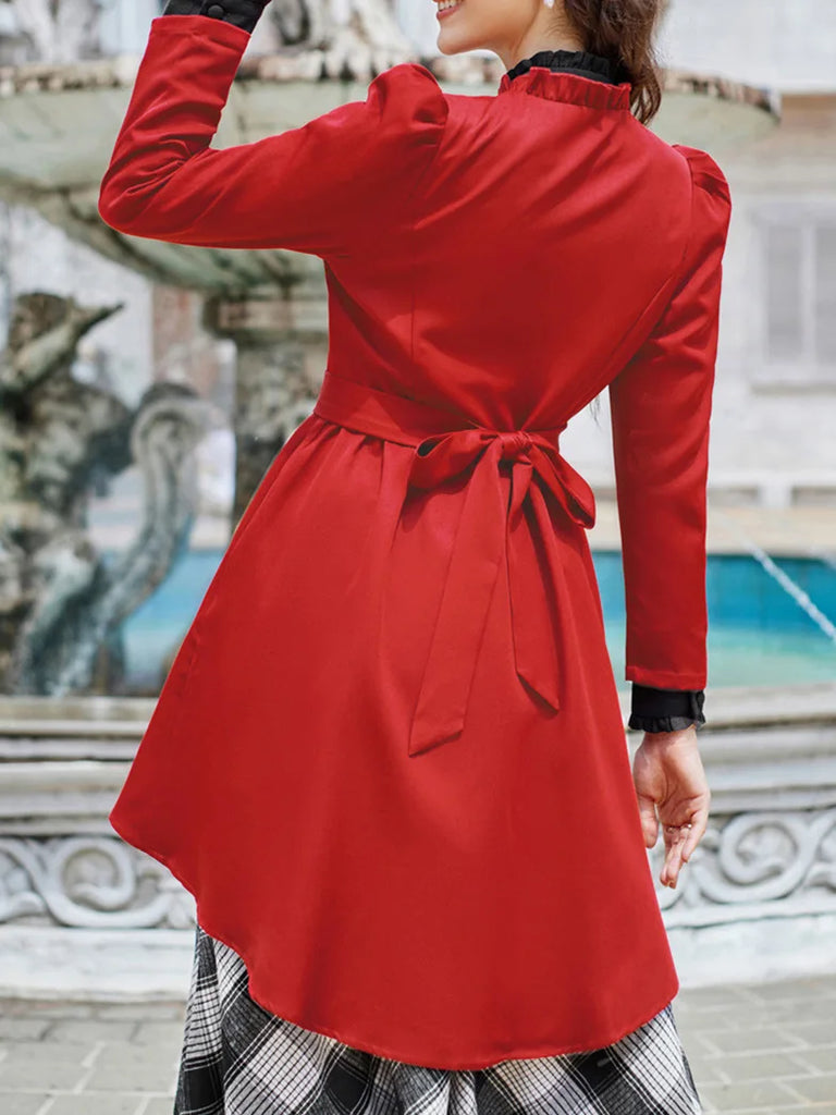 Women High-Lo Hem Coat Leg-of-mutton Sleeve Belted coat Scarlet Darkness