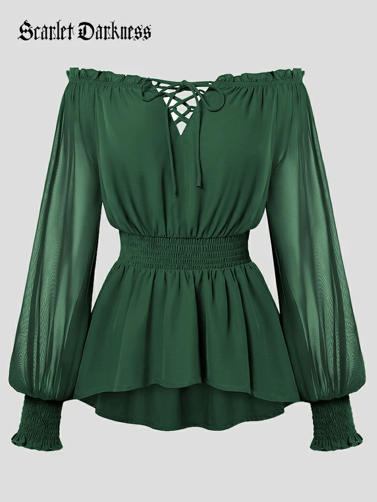 Scarlet Darkness Renaissance Fitted Long Sleeve Off-Shoulder Top Green