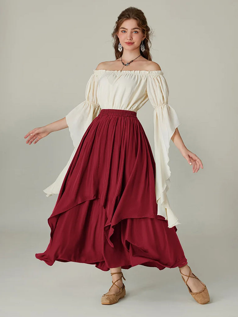 Women Renaissance Dual-Layer Swing Maxi Skirt SCARLET DARKNESS