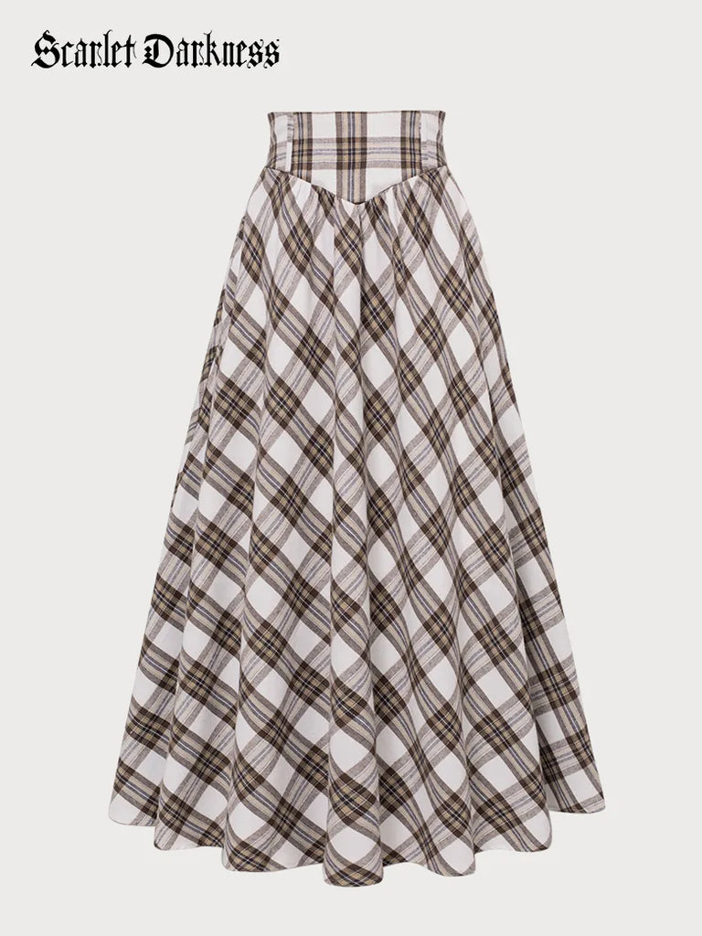Women Renaissance Maxi Skirt Elastic Plaided Swing Skirt SCARLET DARKNESS
