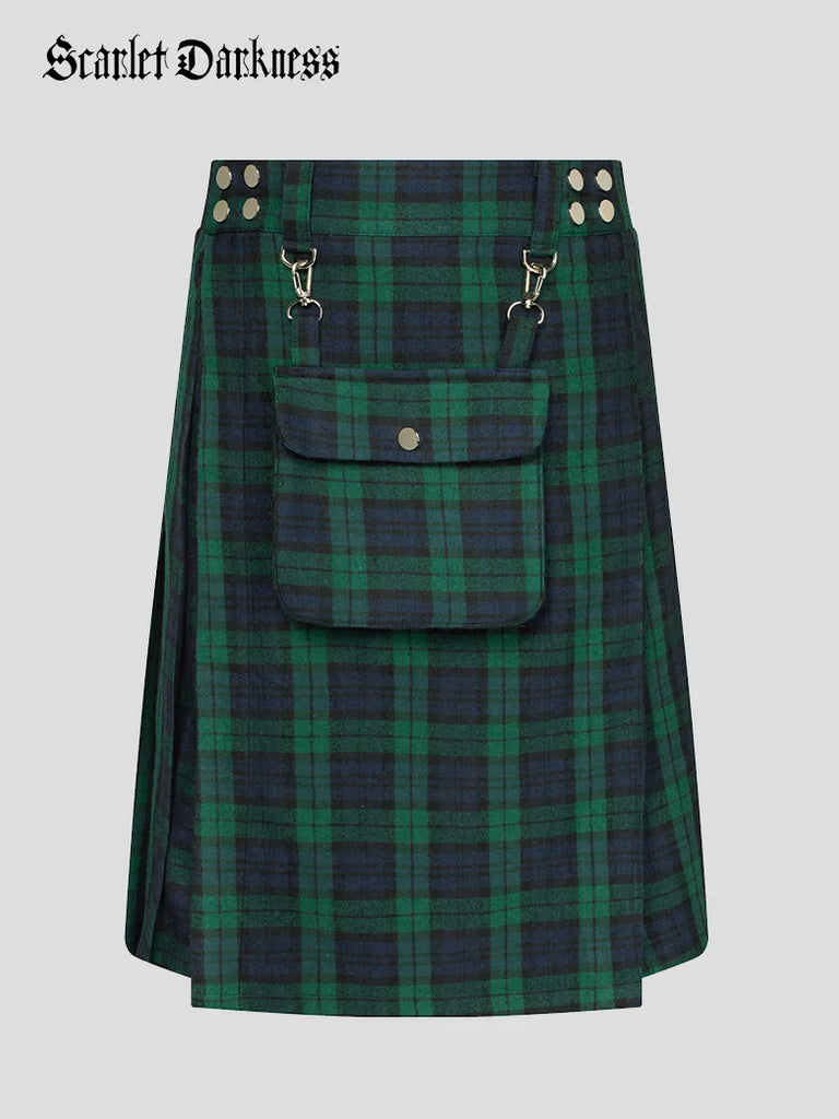 Scottish Mens Tartan Utility Kilt Pleated Midi Skirt with Bag SCARLET DARKNESS