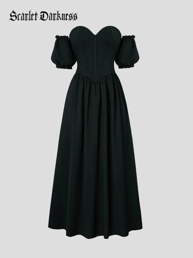 Scarlet Darkness Victorian Off Shoulder Corset Bodice Maxi Dress Black