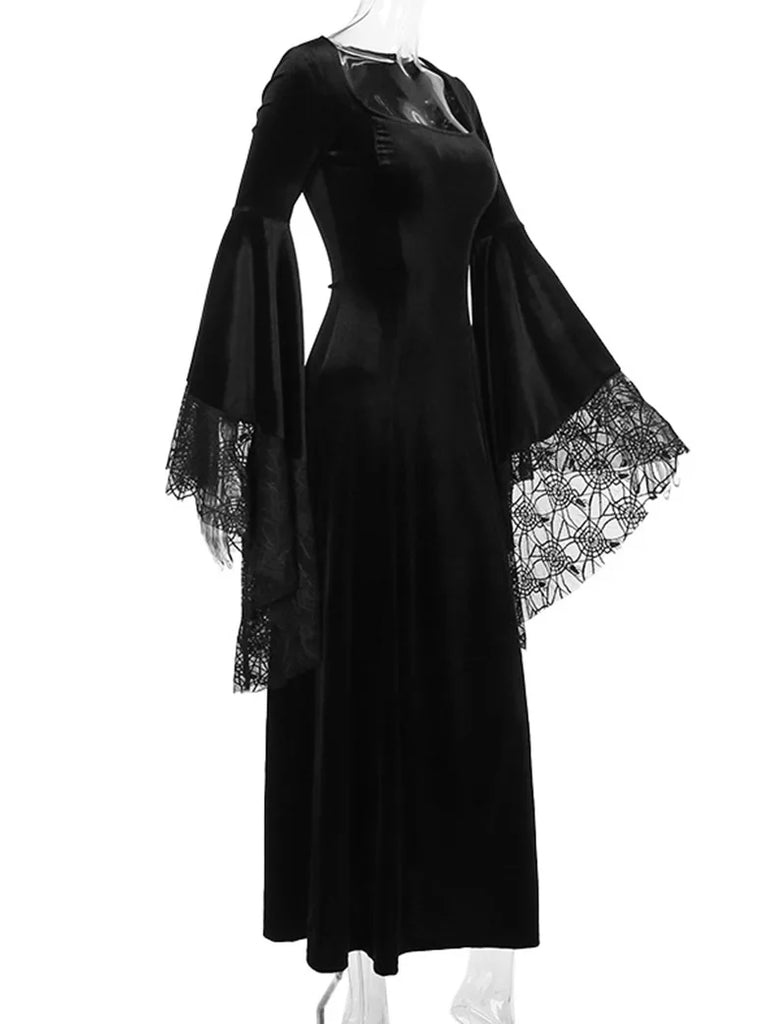 Gothic Velvet Gown Bell-sleeved Lace Patchwork Bodycon Dress SCARLET DARKNESS