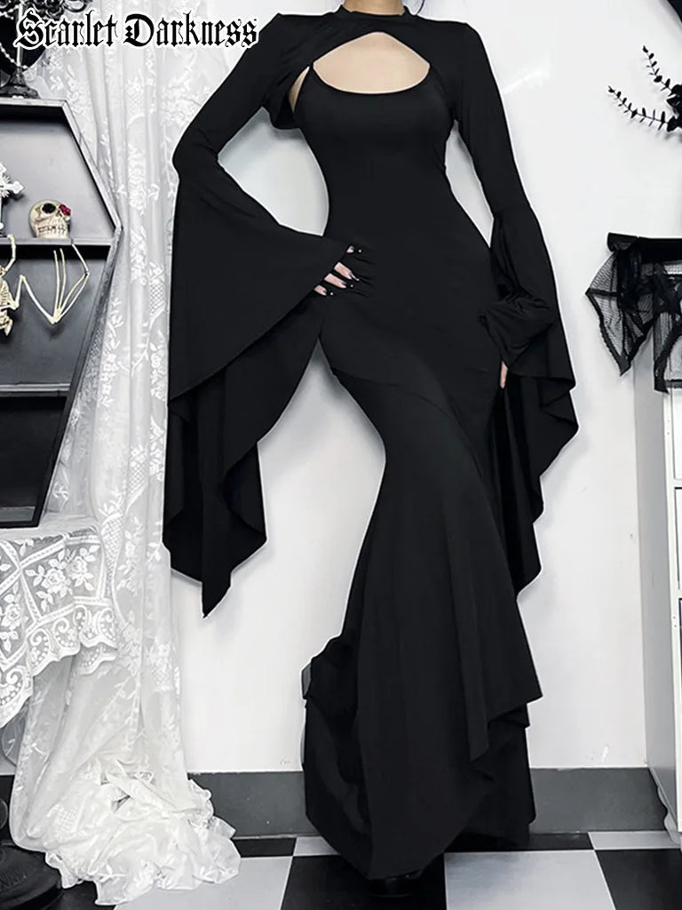 Morticia Addams Gothic Two-piece Irregular Hem Bodycon Dress SCARLET DARKNESS