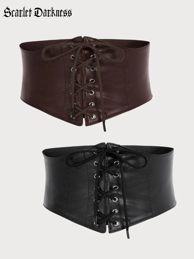 Lace-up Leather Waistband Ladies Stretchy Waist Belt SCARLET DARKNESS