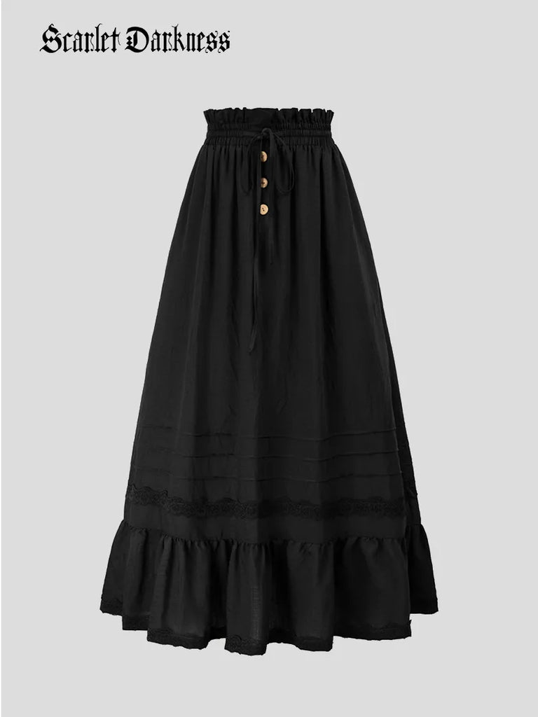 Ruffled Hem Maxi Skirt Elastic Drawstring Waist Skirt Scarlet Darkness