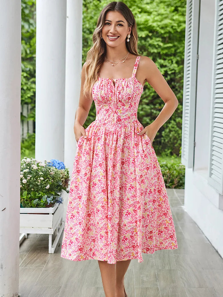Women 2024 Spring & Summer Floral Dress with Pocket SCARLET DARKNESS