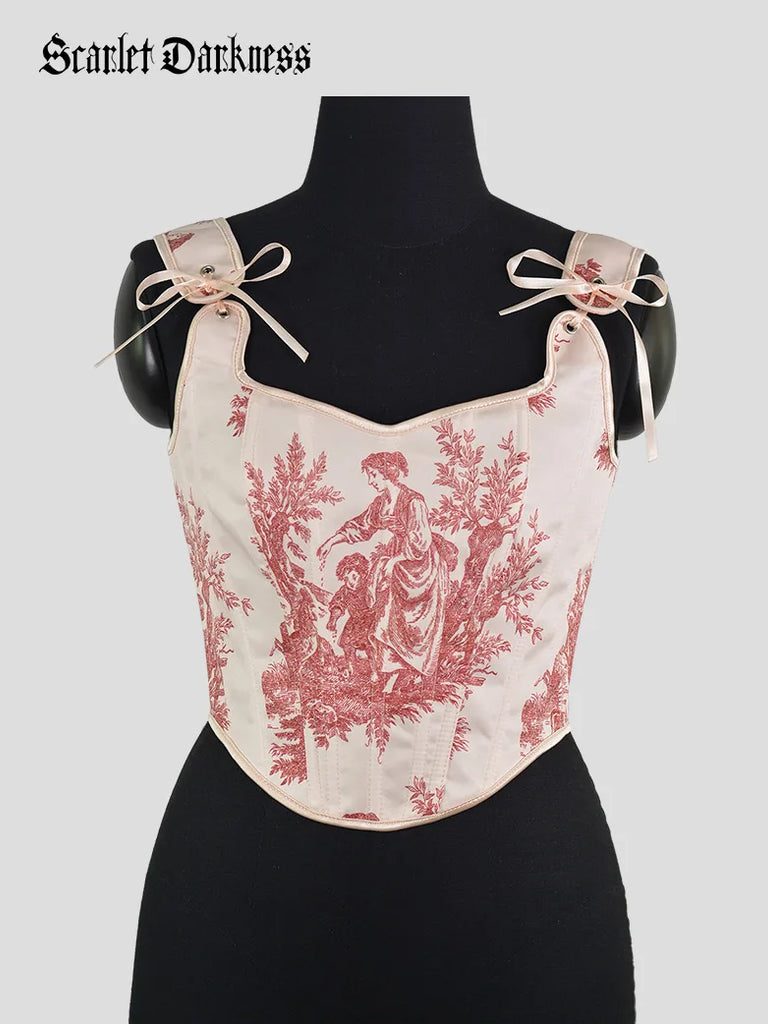 Victorian Women's Lace-up Bones Vest Floral Corset SCARLET DARKNESS