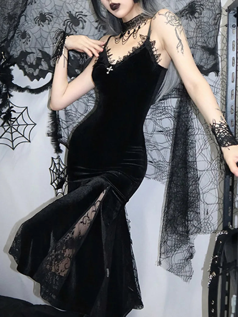 Women Victorian Gothic Style Black Lace Velvet Slip Dress
