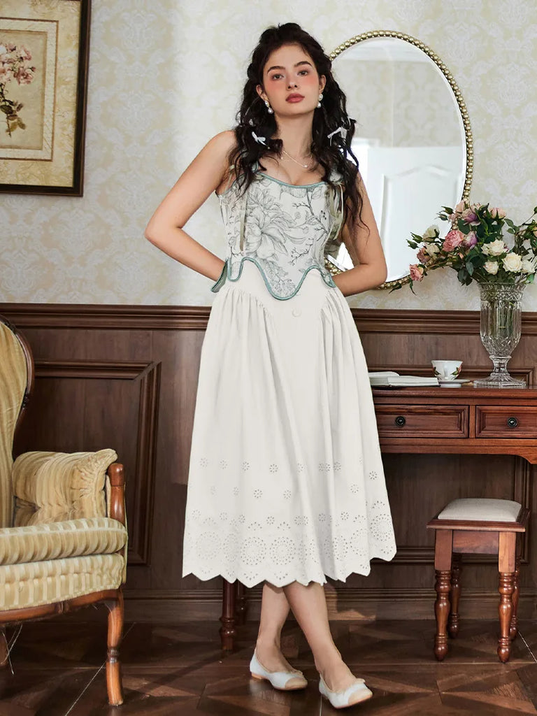 Women Renaissance Cotton Button Decorated Cutout A-Line Skirt SCARLET DARKNESS